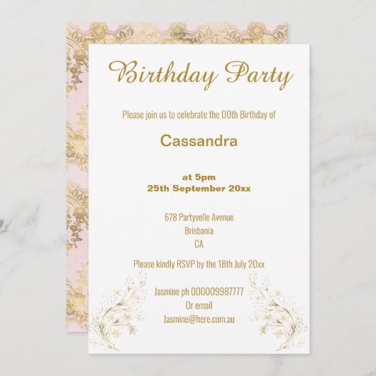 ピンクエレガントの金ゴールドと白 招待状 (正面/裏面)