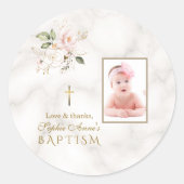 ピンクエレガントの金ゴールドフローラ少女の写真バプテスマ ラウンドシール (正面)