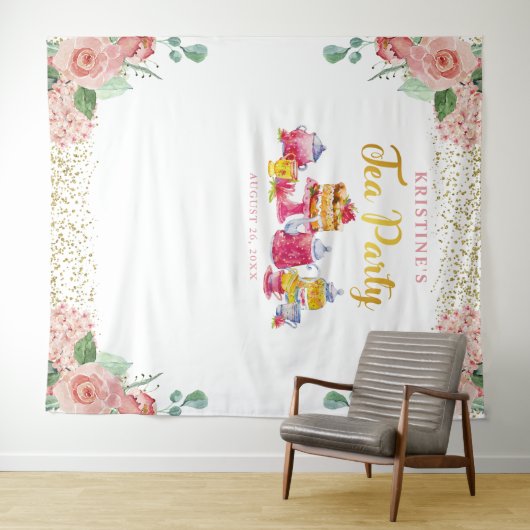 ピンクエレガントの金ゴールドフローラ紅茶パーティー写真の背景 タペストリー (インサイチュ(横))