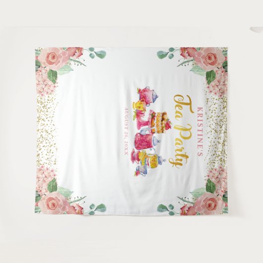 ピンクエレガントの金ゴールドフローラ紅茶パーティー写真の背景 タペストリー (正面(横))