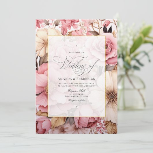 ピンクエレガントの金ゴールドフローラ結婚の 招待状 (スタンド正面)