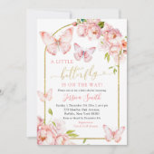 ピンクエレガントの金ゴールドフローラ蝶が途中にある 招待状 (正面)