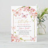 ピンクエレガントの金ゴールドフローラ蝶が途中にある 招待状 (スタンド正面)