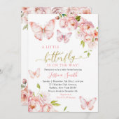 ピンクエレガントの金ゴールドフローラ蝶が途中にある 招待状 (正面/裏面)