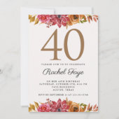 ピンクエレガントの金ゴールドフローラ40th誕生日パーティー招待 招待状 (正面)