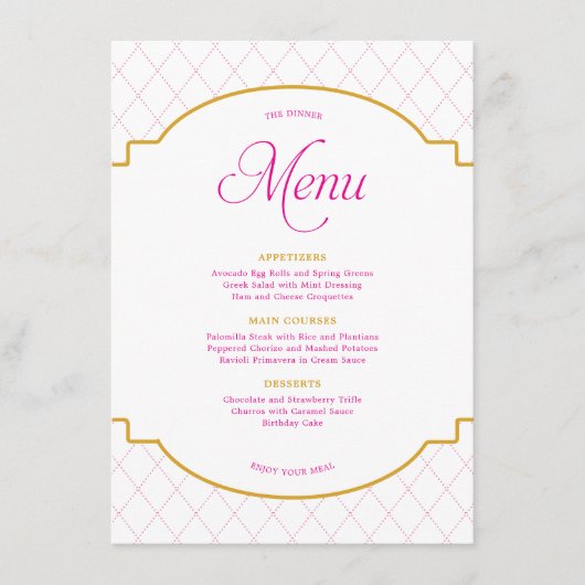 ピンクエレガントの金ゴールドモダンダイヤモンドパターンパーティー メニュー (正面)