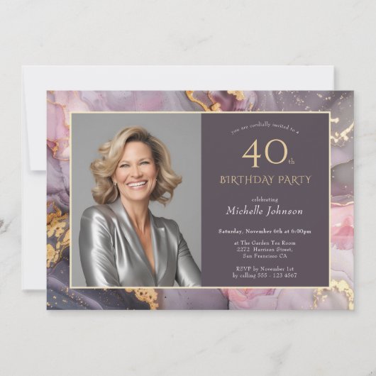 ピンクエレガントの金ゴールド写真アゲート40歳の誕生日 招待状 (正面)