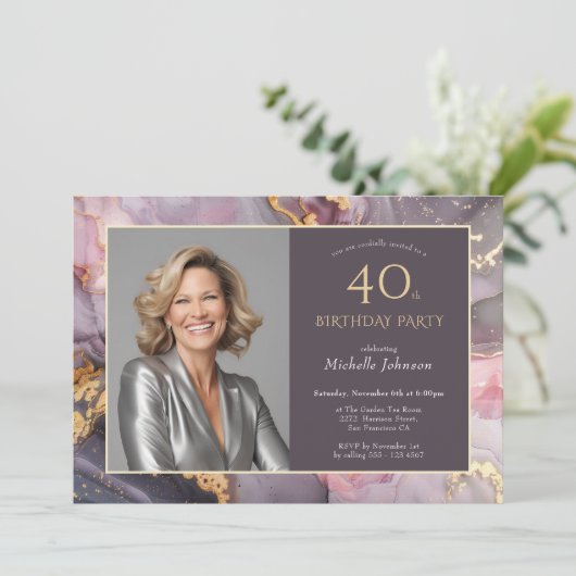 ピンクエレガントの金ゴールド写真アゲート40歳の誕生日 招待状 (スタンド正面)