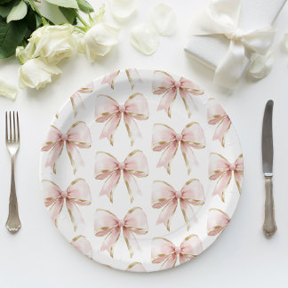ピンクエレガントの金ゴールド弓パターン赤ちゃんシャワーガール ペーパープレート