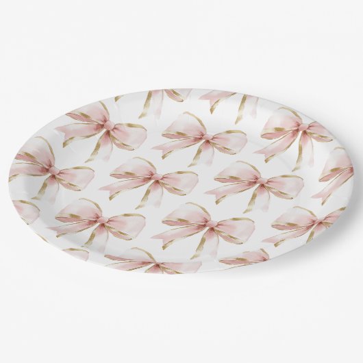 ピンクエレガントの金ゴールド弓パターン赤ちゃんシャワーガール ペーパープレート (アングル)