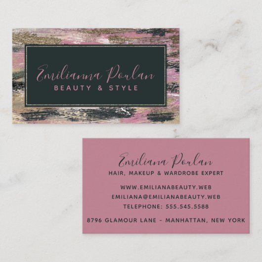 ピンクエレガントの金ゴールド黒のブラシストローク 名刺 (正面/裏面)