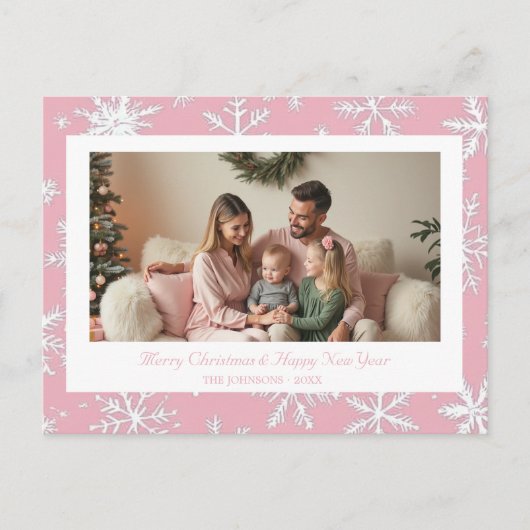 ピンクエレガントの雪片の休日の写真はがき シーズンポストカード (正面)