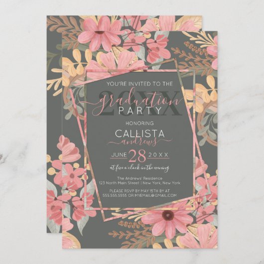 ピンクエレガントの黄金のセージの花葉の卒業 招待状 (正面/裏面)