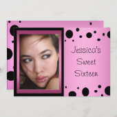 ピンクエレガントの黒いスポット写真スイート16 招待状 (正面/裏面)