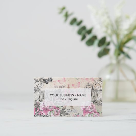 ピンクエレガントの黒フローラコラージュエッフェルタワー 名刺 (スタンド正面)