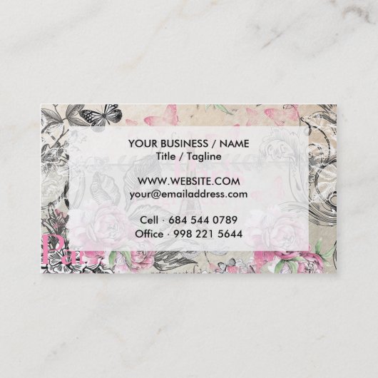 ピンクエレガントの黒フローラコラージュエッフェルタワー 名刺 (裏面)