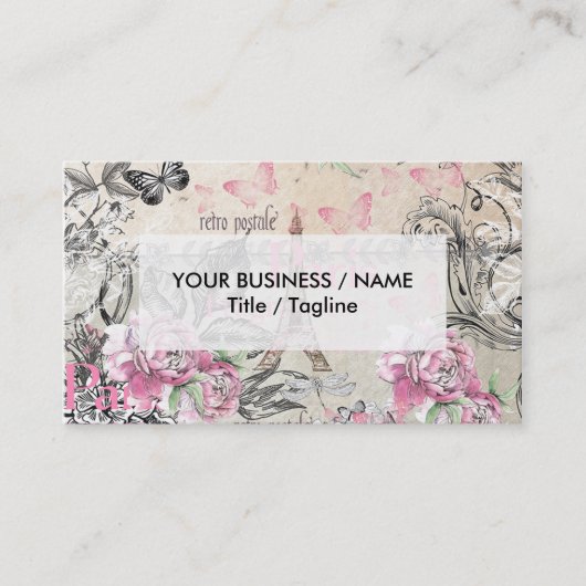 ピンクエレガントの黒フローラコラージュエッフェルタワー 名刺 (正面)