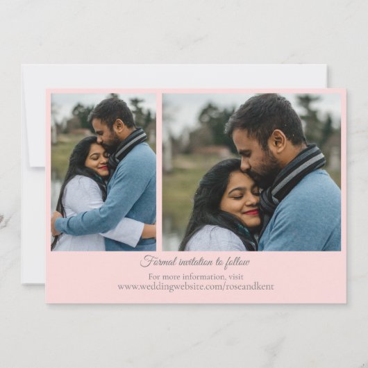 ピンクエレガントの3フォトホワイトフローラ結婚ズ セーブザデート (裏面)