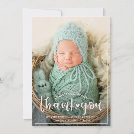 ピンクエレガントの3枚の写真ありがとう誕生のお知らせ シーズンカード (正面)