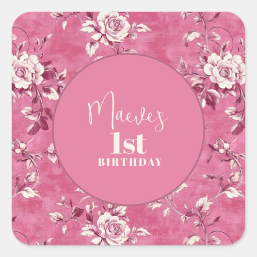 ピンクエレガントのChinoiserie 1st誕生日パーティー スクエアシール (正面)
