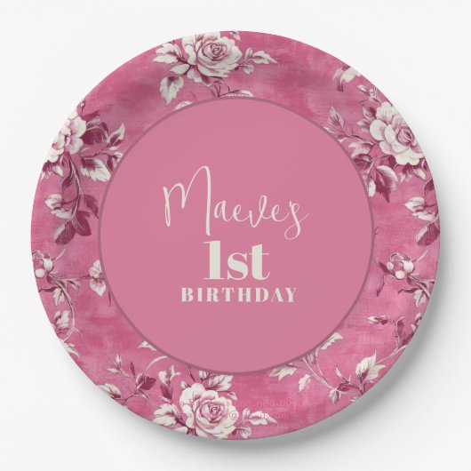 ピンクエレガントのChinoiserie 1st誕生日パーティー ペーパープレート (正面)
