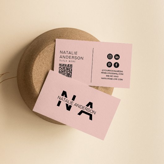 ピンクエレガントのQRコードモノグラムロゴボーガーリーホ 名刺