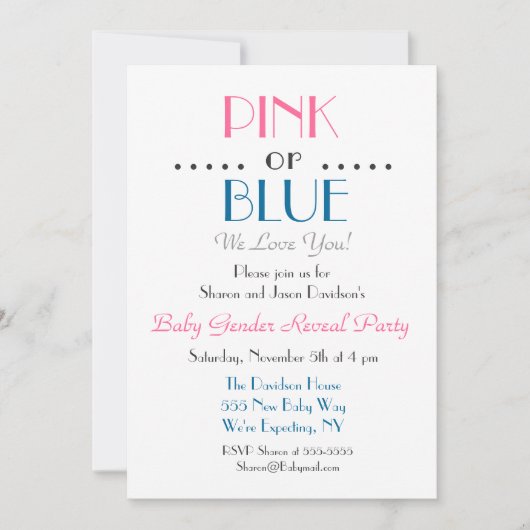 ピンクエレガントまたはブルーの性別の表示招待状 招待状 (正面)