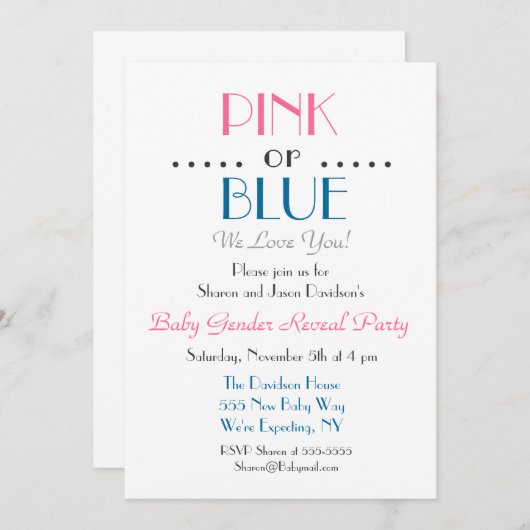 ピンクエレガントまたはブルーの性別の表示招待状 招待状 (正面/裏面)