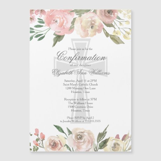 ピンクエレガントアイボリーフローラ宗教確認 マグネット招待状 (正面)