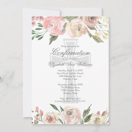 ピンクエレガントアイボリーフローラ宗教確認 招待状 (正面)