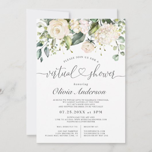 ピンクエレガントアジサイバラバーチャルブライダルシャワー 招待状 (正面)