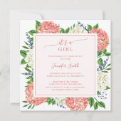 ピンクエレガントアジサイ女の子の赤ちゃんシャワー 招待状 (正面)
