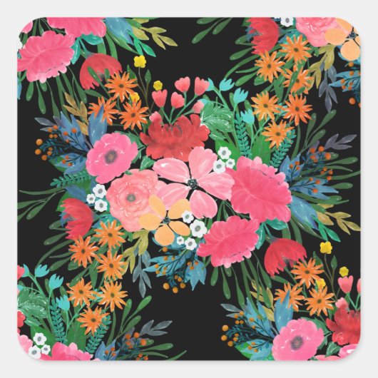 ピンクエレガントウウォータカラーフローラブーケデザイン スクエアシール (正面)