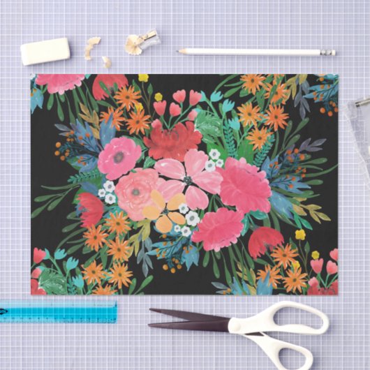 ピンクエレガントウウォータカラーフローラブーケデザイン 薄葉紙 (クラフト)