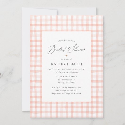 ピンクエレガントウォーターカラーギンガムブライダルシャワー 招待状 (正面)