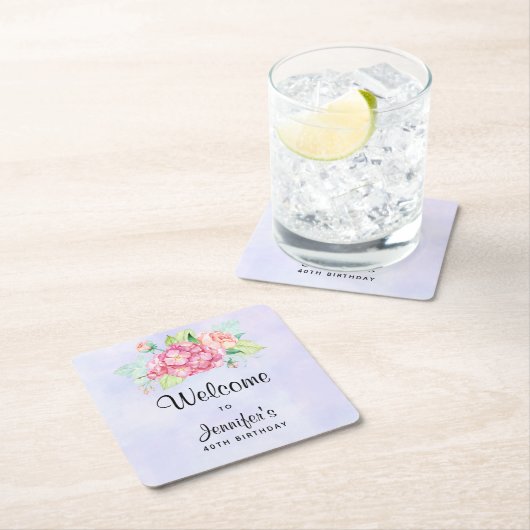 ピンクエレガントウォーターカラーフラワーブーケ誕生日 スクエアペーパーコースター (インサイチュ)