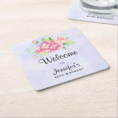 ピンクエレガントウォーターカラーフラワーブーケ誕生日 スクエアペーパーコースター (アングル)