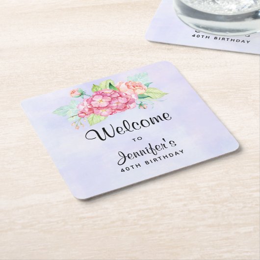 ピンクエレガントウォーターカラーフラワーブーケ誕生日 スクエアペーパーコースター (アングル)