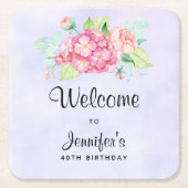 ピンクエレガントウォーターカラーフラワーブーケ誕生日 スクエアペーパーコースター (正面)
