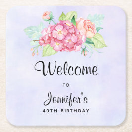 ピンクエレガントウォーターカラーフラワーブーケ誕生日 スクエアペーパーコースター