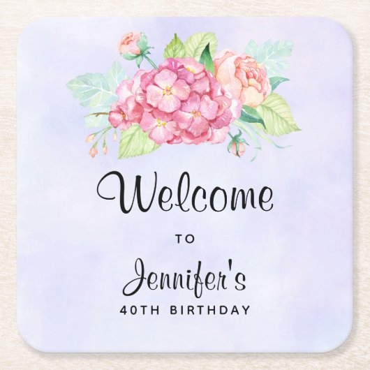 ピンクエレガントウォーターカラーフラワーブーケ誕生日 スクエアペーパーコースター (正面)