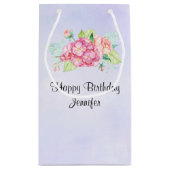 ピンクエレガントウォーターカラーフラワーブーケ誕生日 スモールペーパーバッグ (裏面)