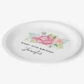 ピンクエレガントウォーターカラーフラワーブーケ誕生日 ペーパープレート (アングル)