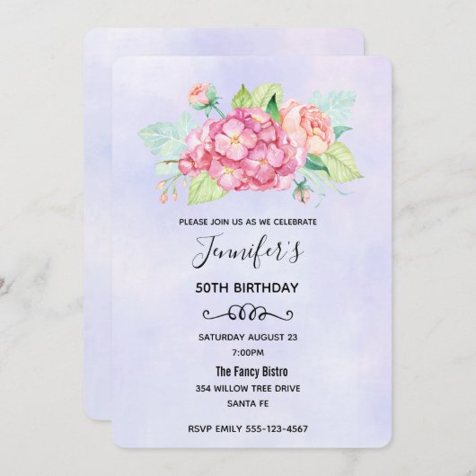 ピンクエレガントウォーターカラーフラワーブーケ誕生日 招待状 (正面/裏面)