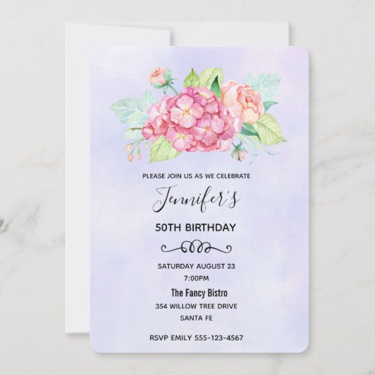 ピンクエレガントウォーターカラーフラワーブーケ誕生日 招待状 (正面)