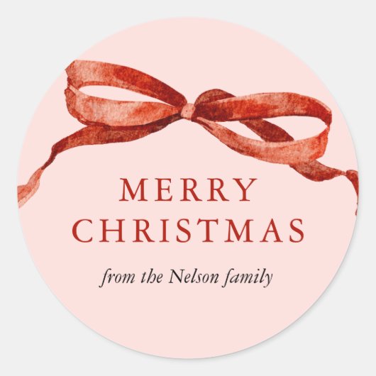 ピンクエレガントウォーターカラーレッドボウクリスマスホリデー ラウンドシール (正面)
