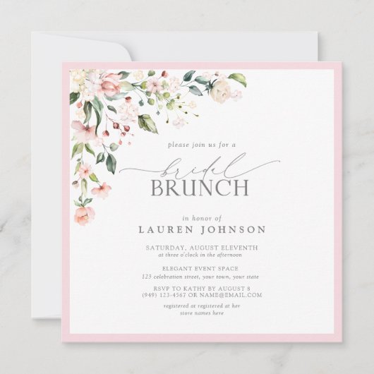 ピンクエレガントウォーターカラー植物性ブライダルブランチ 招待状 (正面)
