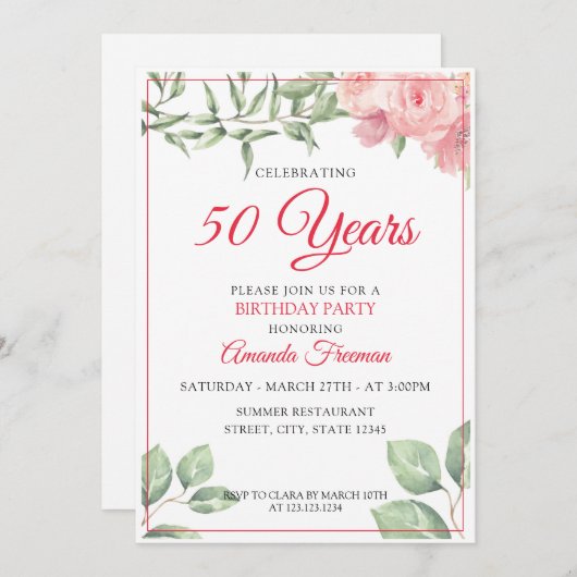 ピンクエレガントウォーター色バラマザー誕生日 招待状 (正面/裏面)