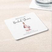 ピンクエレガントウオーターカラーワインブライダルシャワー スクエアペーパーコースター (アングル)