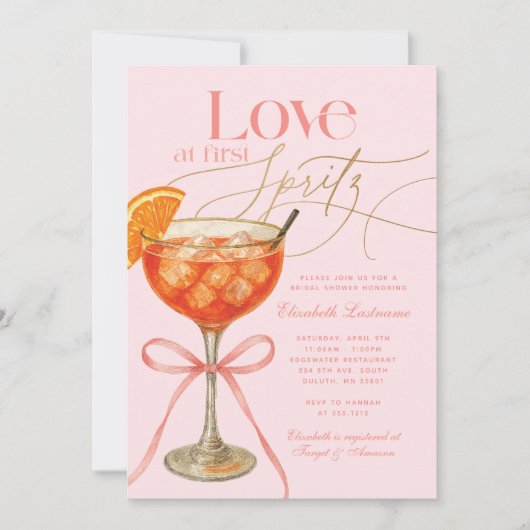 ピンクエレガントオレンジアペロルスピリッツブライダルシャワー 招待状 (正面)
